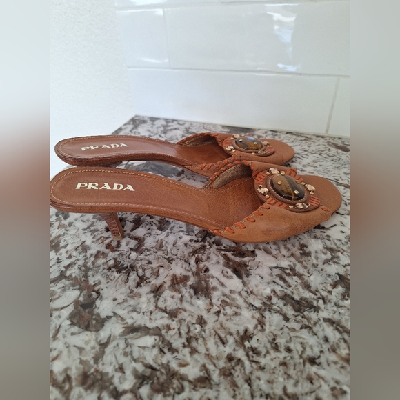 PRADA Brown 40/9.5 Leather Tiger Eye Stone Slide Sandals Kitten Heel Stitching - Picture 3 of 10